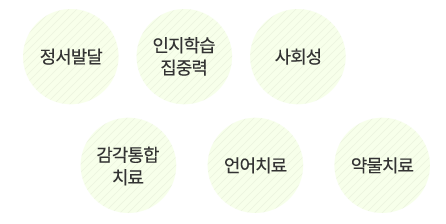 정서발달 / 인지학습 집중력 / 사회성 / 감각통합 치료 / 언어치료 / 약물치료